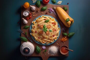 Fototapeta na wymiar An illustration of Italian pasta mixed with various ingredients., AI, Generative