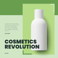 Flyer cosmetic bottle for makeup and beauty on a green background in the form of a magazine cover. Vector photorealistic illustration concept