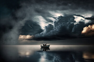 Dark storm clouds with a lone, white small boat on the water. Generative AI