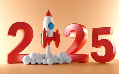 3D Text 2025 year rocket launch. 3D Rendering. New Year, christmas. Successful business startup. Creative motivation with copy space. 