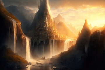 Digitally created inspirational image of a city of white elves with waterfalls gushing from the hills it is perched atop. Sunset in the golden hour over a magnificent city, conceptual wallpaper art - obrazy, fototapety, plakaty