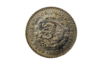 Anverso de la moneda de un peso de 1957, el escudo del águila devorando una serpiente, Estados Unidos Mexicanos