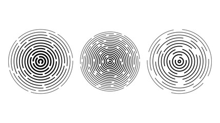 Concentric circle segments set. Rippled round patten background. Sonar or sound wave rings collection. Epicentre, target, radar icon concept. Radial signal or vibration elements. 