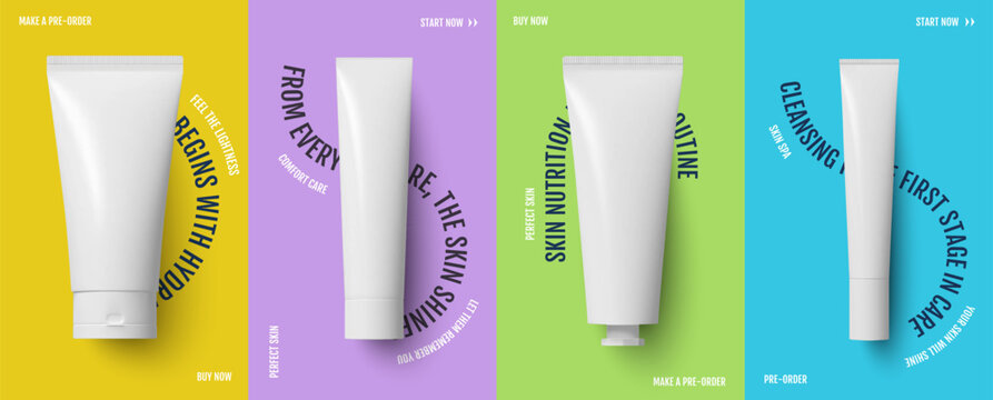 Cover of social media photorealistic set of creams on colored backgrounds conceptual layout of a template for beauty cosmetics for skin care