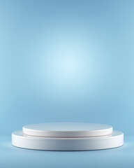 Beautiful white podium with space for your product. A podium or stand on a beautiful blue or blue background. 3D rendering
