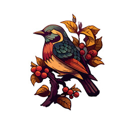 Cartoon bird on a branch with foliage. Vector illustration