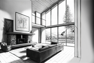 Drawing realistic lines from a drawing, an example of a modern living room's interior design, and an architectural visualization project. Generative AI