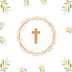 Palm Sunday concept. Leaves, Cross and the Crown of Thorns