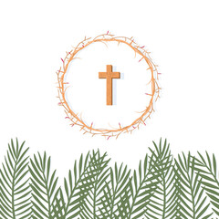 Palm Sunday concept. Palm branches, Cross and the Crown of Thorns