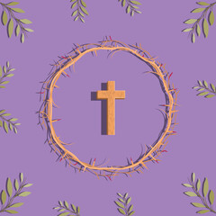 Palm Sunday. Palm tree leaves, crown of thorns and cross background