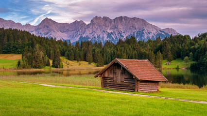 Wooden hay shed Geroldsee lake, Bavaria Germany.