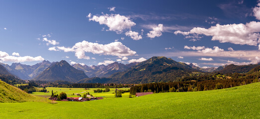 Panoramic alpine pasture landscape, Bavaria Germany