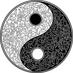 Stylized Victorian Gothic ornamental yin yang symbol. Intricate design element, decor, tattoo, silhouette type pattern. Highly detailed and accurate lines for print or engraving
