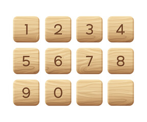 Wooden tiles alphabet. Square block with numbers. Game asset, puzzle games UI, vector illustration
