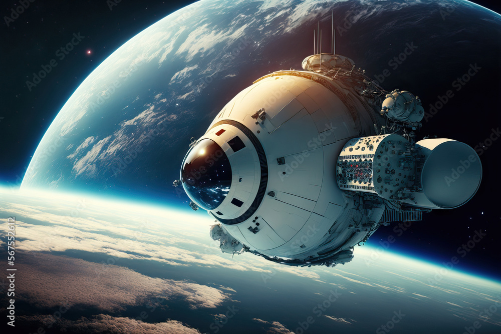 Poster earth in the background with a spaceship. planetary system.