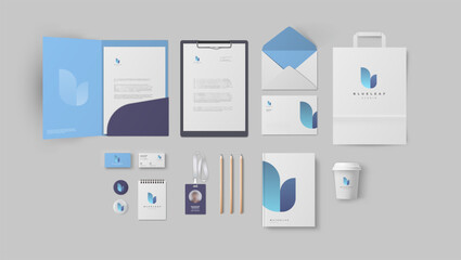 Modern branding design template in blue pastel colors for business company or studio, corporate style big bundle with folder and A4 form, stationery and business card