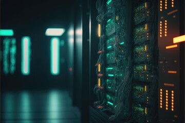 Data center in dark, with only lights glowing, with bokeh effect. Generative AI