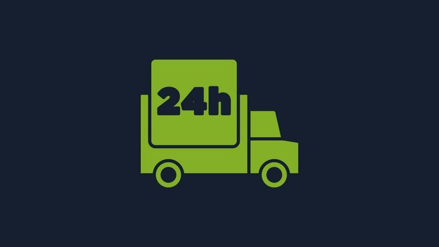 Yellow Fast round the clock delivery by car icon isolated on blue background. 4K Video motion graphic animation