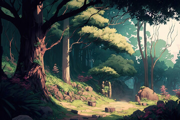 Daytime, a woodland, an anime background, and an illustration. Generative AI