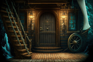 Obraz premium Deck of a pirate ship with a door to the captain's quarters and stairs leading to the galley,. Generative AI