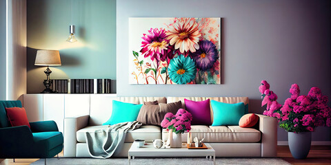 Pastel-colored modern living room with spring floral designs throughout for the spring season