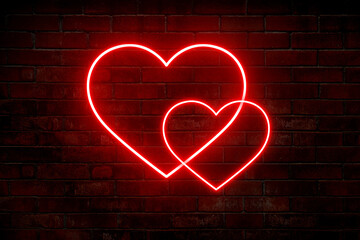 Two glowing neon hearts against a dark brick wall. Neon sign. Heart. Love