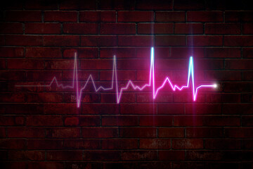 Heartbeat. Neon heartbeat on brick wall background.