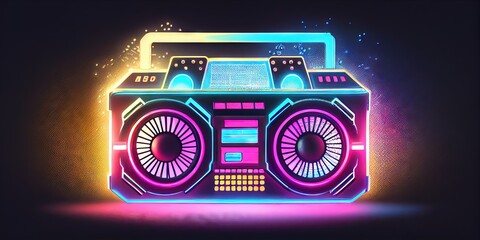 Neon boombox stereo from the 1990s - Generation X style flashback from the 20th century by generative AI - obrazy, fototapety, plakaty