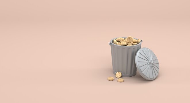 trash can full of Bitcoin coins, symbolizing the fall and devaluation of the currency (3d illustration)