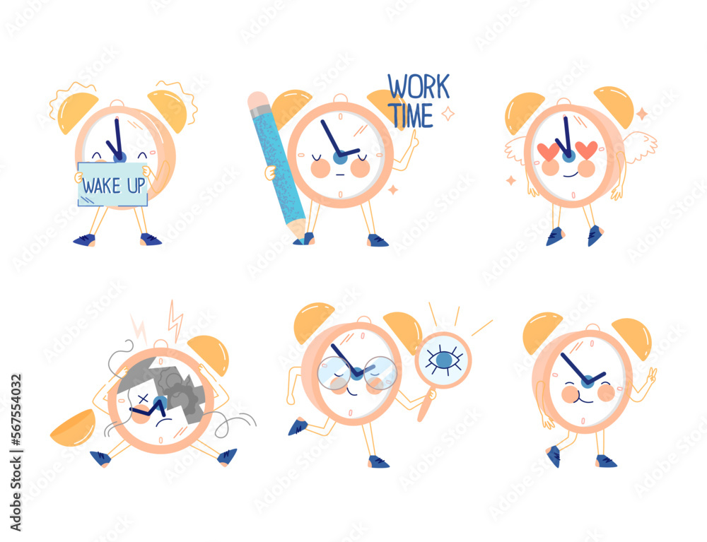Poster funny clock character with cute face vector set