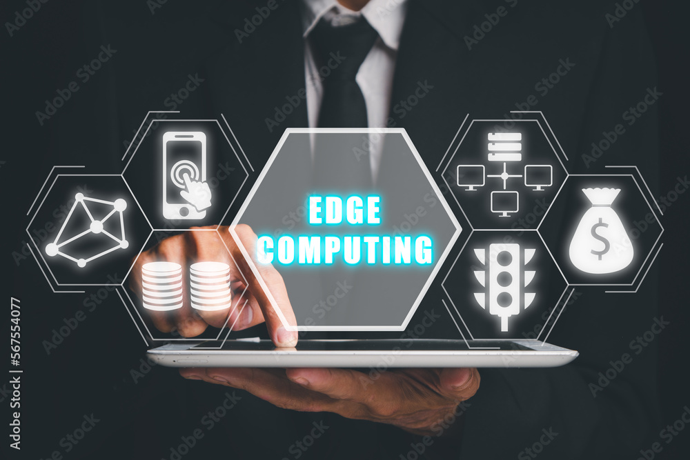 Poster edge computing modern it technology concept, businessman hand touching digital tablet with edge comp