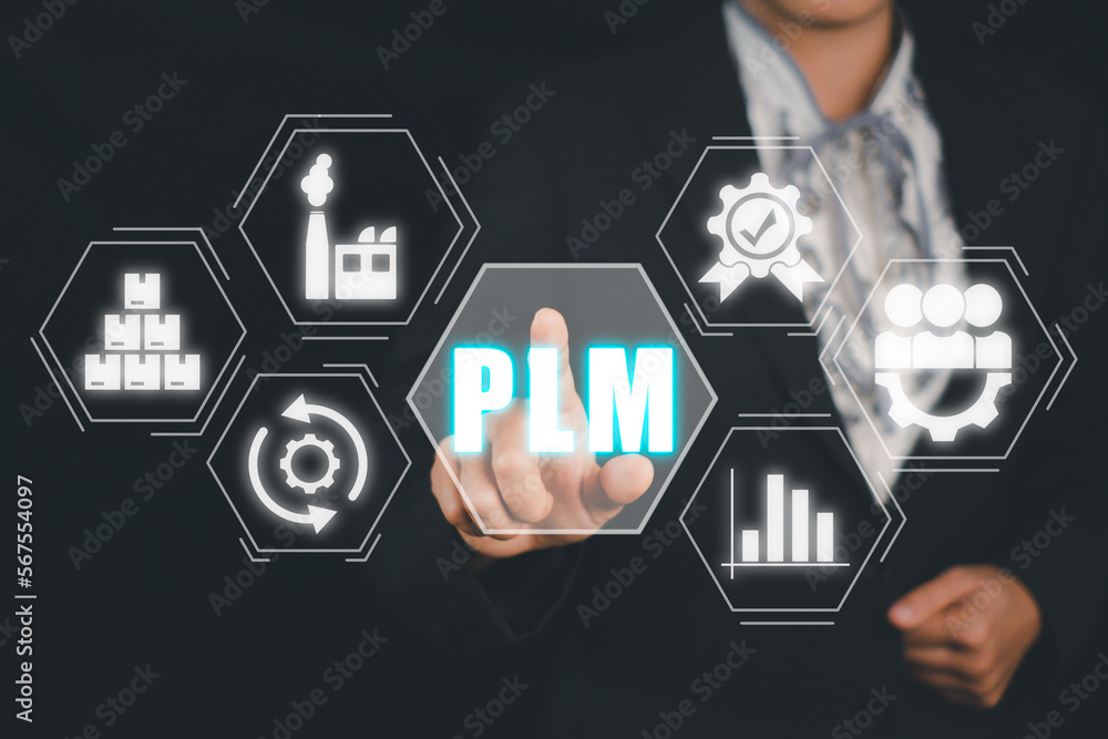 Poster plm, product lifecycle management concept, business person hand touching product lifecycle managemen
