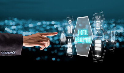 Digital disruption concept, Business person hand touching digital disruption icon on virtual...