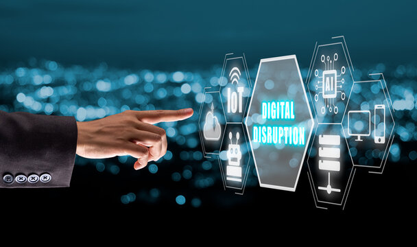 Digital disruption concept, Business person hand touching digital disruption icon on virtual screen, internet of things, network, smart city and machines, big data, cloud, analytics.