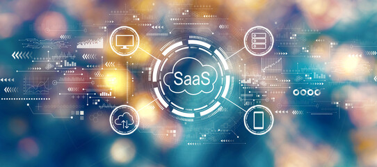 SaaS - software as a service concept with blurred city at night