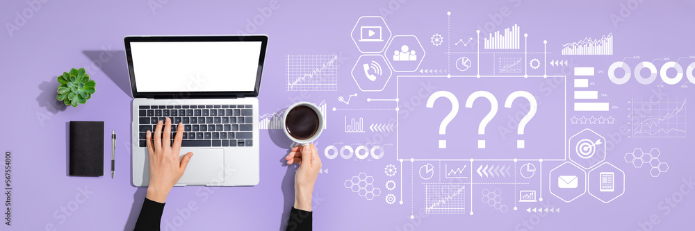 Poster question marks with person using laptop computer