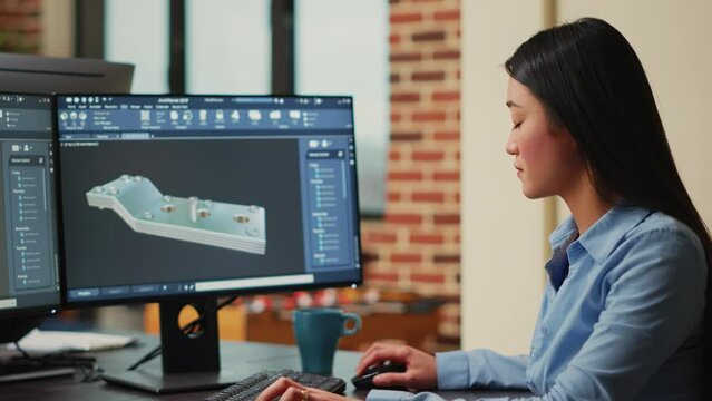 Professional IT engineer manufacturing industrial prototype component using cad software, developing machinery on interface. Creative technician creating craphic model, mechanical product.