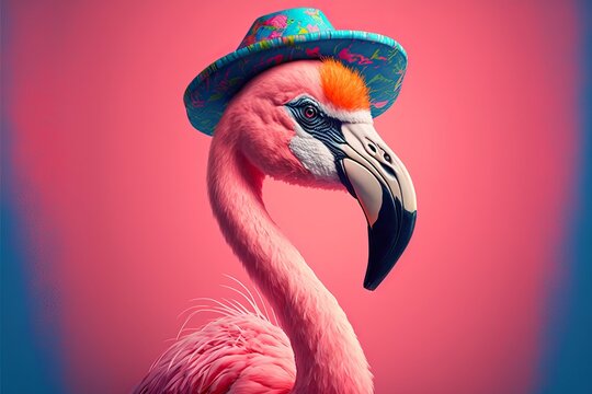 Created with Generative AI technology. flamingos on pink background. Humanization of animals concept