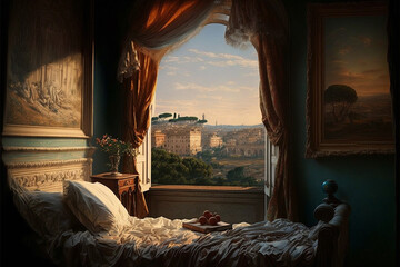 19th Century Boudoir Lavishly Furnished with Distant View of Rome