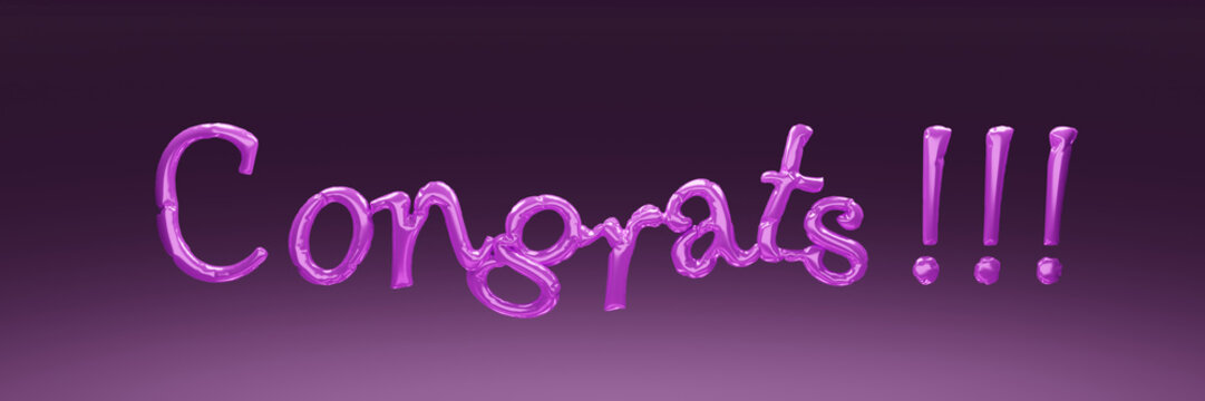 3d render of Congrats sign in shining purple balloon like letters.