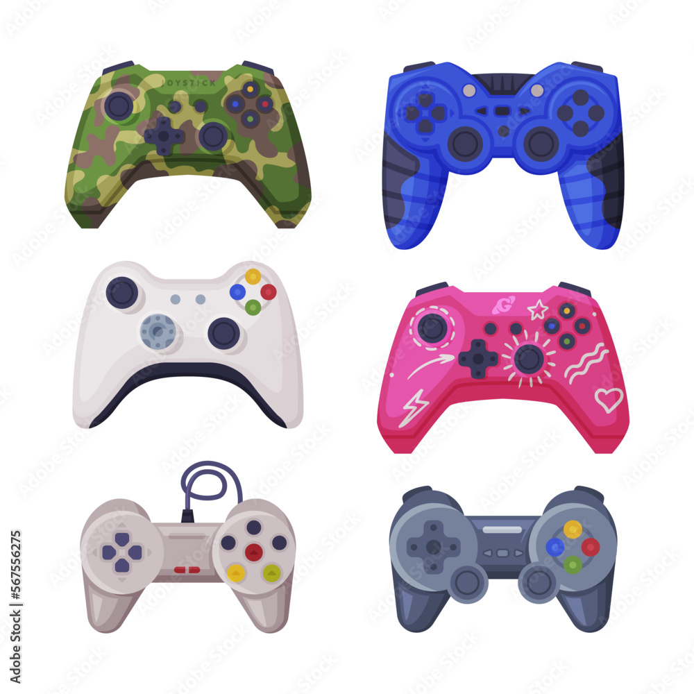 Poster video game controller and electronic device for home console vector set