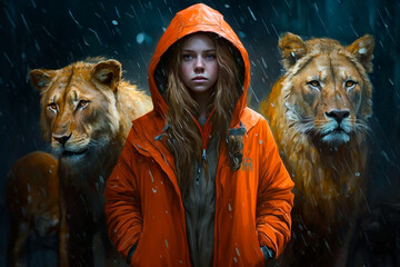 Cute girl wearing orange raincoat among lions. Generative AI