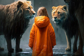 Small girl dressed in orange raincoat walking among lions in the rain. Generative AI