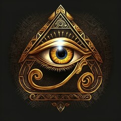 Generative AI the golden eye of horus with golden effect on black background, Representation of the solar eye or the Eye of Ra, symbol of the ancient Egyptian god of the sun - obrazy, fototapety, plakaty