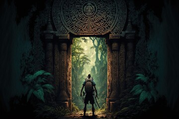 Mayan gate in the forest. Generative AI. Concept art of an explorer walking in the middle of the jungle through a secret gate. An adventurer in a green tropical rainforest discovering a secret passage - obrazy, fototapety, plakaty