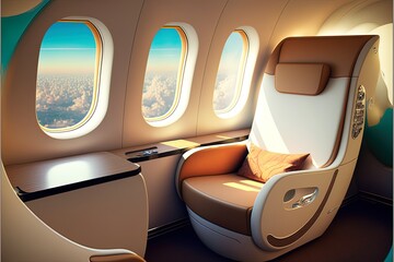 Luxurious first class airplane seat with lots of windows. Generative AI visualization of the VIP cabin of a business class aircraft. Interior of a Private Jet