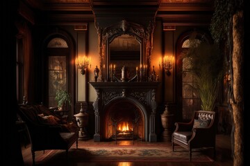 Elaborate castle style living room with fire place. Gothic, medieval style. Concept. Generative AI