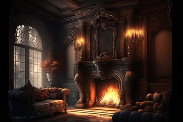 Elaborate castle style living room with fire place. Gothic, medieval style. Concept. Generative AI