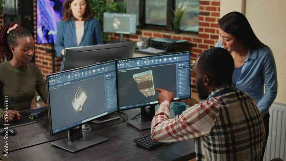 Aufkleber creative 3d engineers designing mechanical clamp on manufacturing cad software, using 3d render inte
