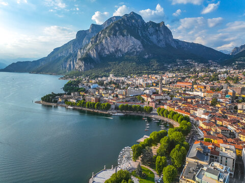 Aerial view of Lecco city in the southeastern shore of Lake Como, in northern Italy.